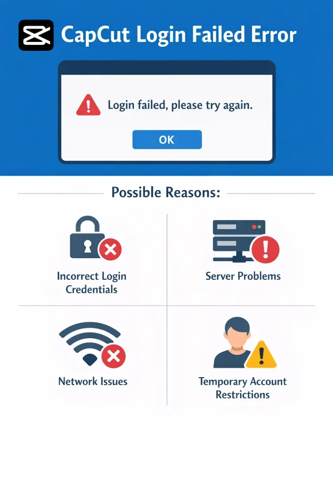 CapCut login failed error screen showing possible causes like incorrect credentials, server issues, network problems, and account restrictions