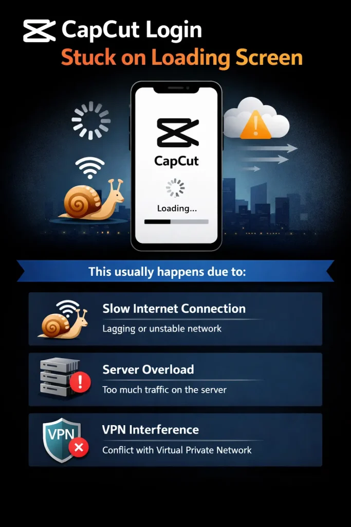 CapCut login stuck on loading screen with slow progress indicator and causes like slow internet connection, server overload, and VPN interference