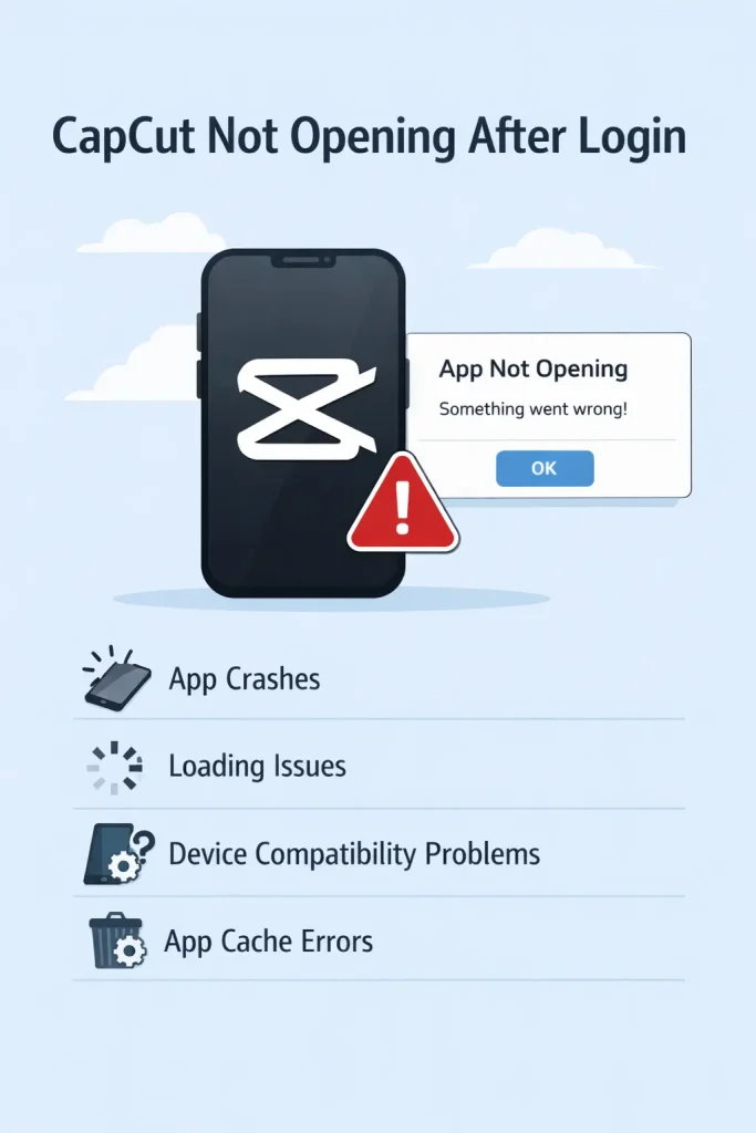 CapCut app not opening after login with warning message and reasons including app crashes, loading issues, device compatibility problems, and cache errors