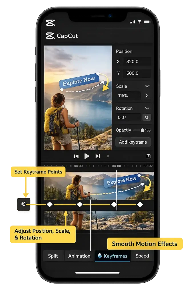 CapCut’s keyframe animation feature gives creators more control over how elements move within a video