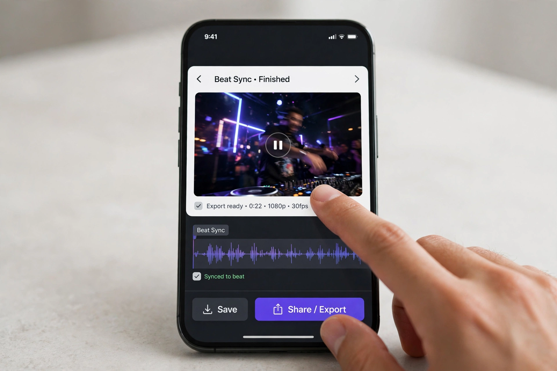 Exporting a finished beat-sync video from phone