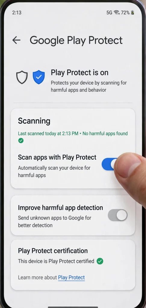 Google Play Protect scan settings screen on an Android phone with the toggle visible