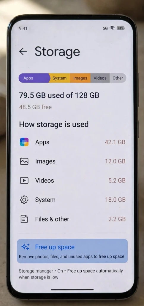 Android storage settings screen showing available free space before installing CapCut