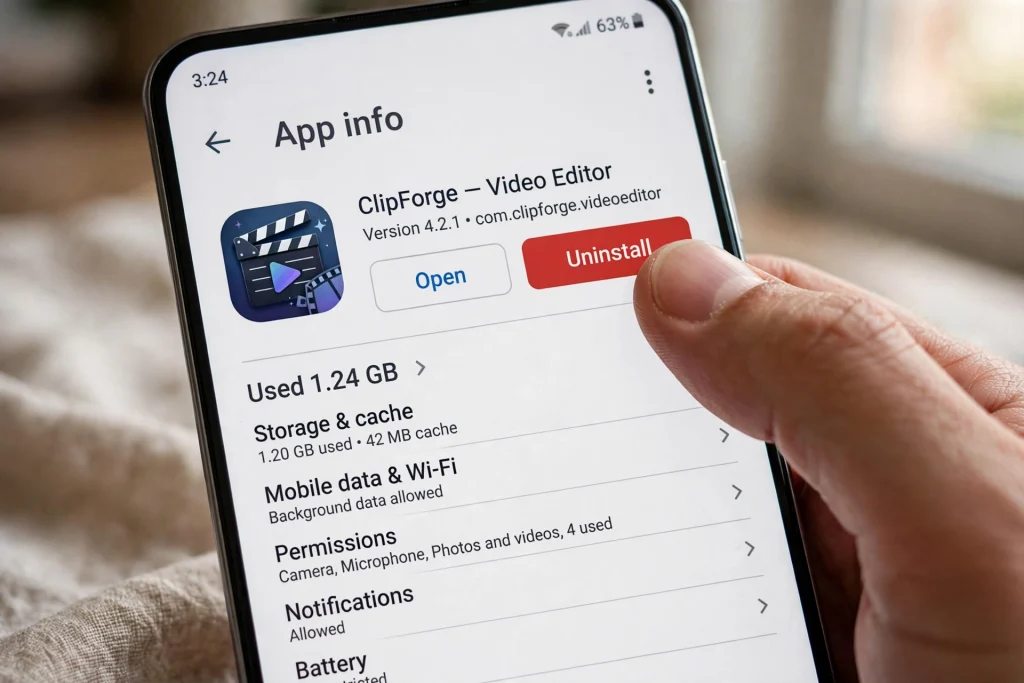 Uninstalling the CapCut app from Android app settings before reinstalling the APK