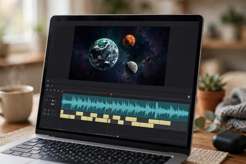 Teacher creating a lesson video in CapCut with AI voiceover and auto captions