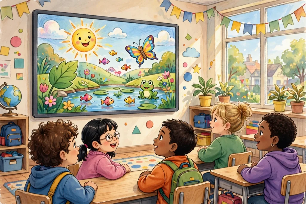 Students watching a colorful educational video made with CapCut in a classroom