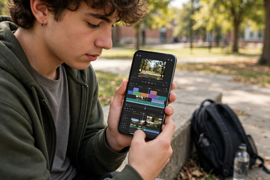 Student editing a school video project on a smartphone with CapCut