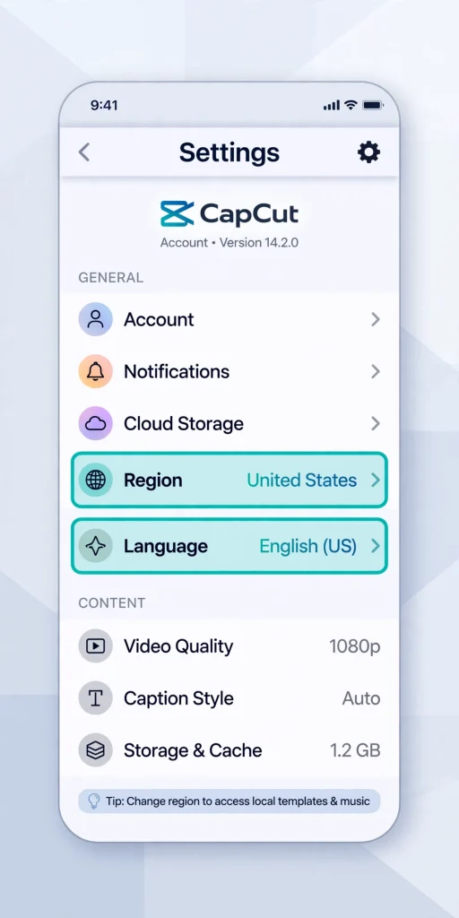 CapCut region and language settings screen