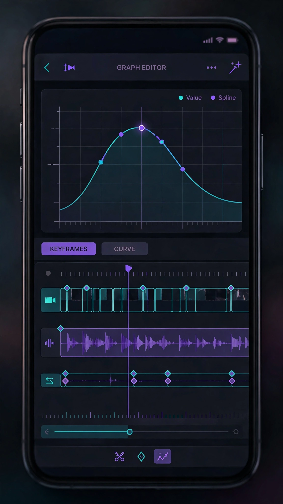 Keyframe animation timeline with easing curves in a mobile video editor