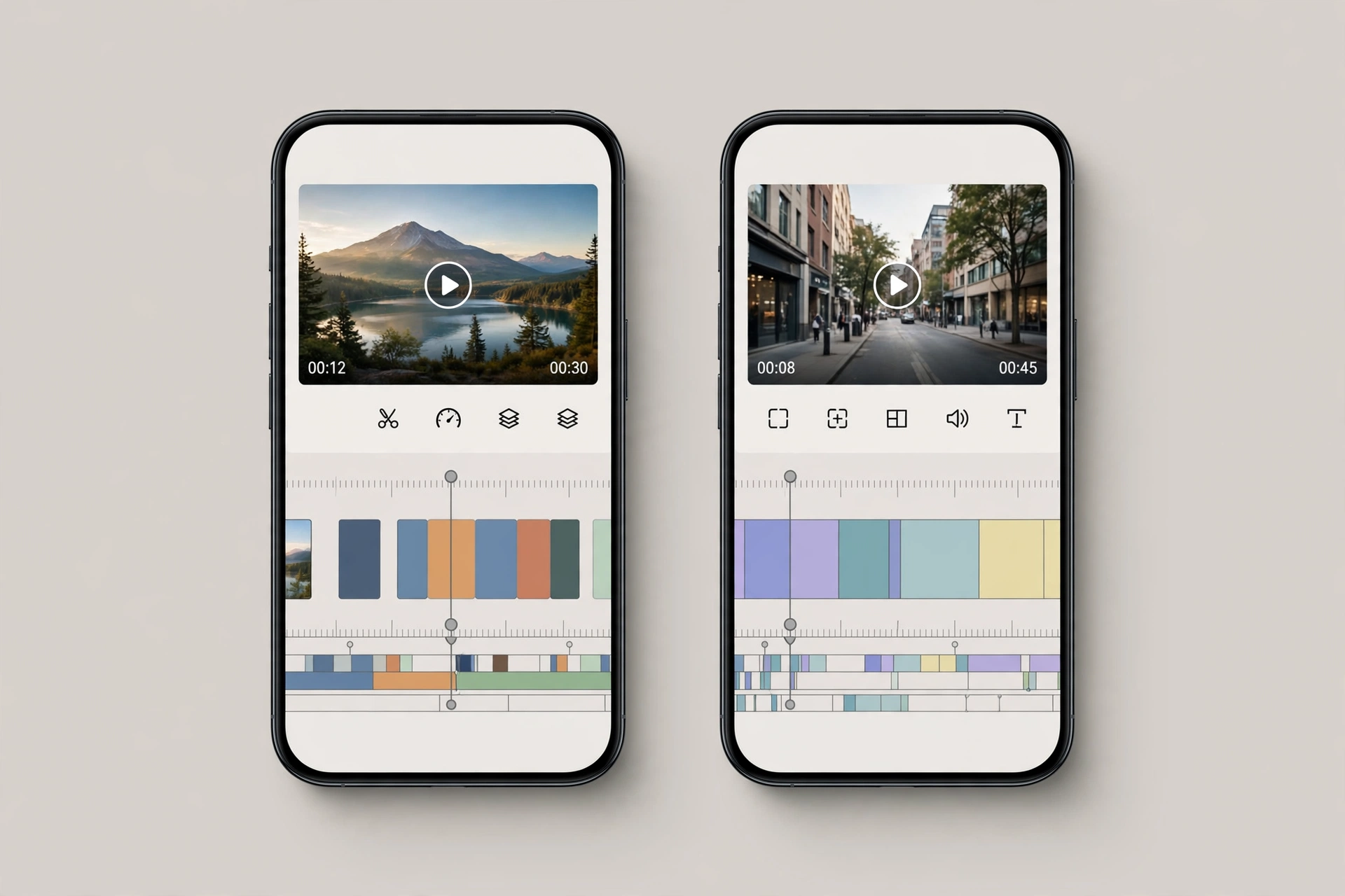 Two smartphones showing video editing app interfaces side by side