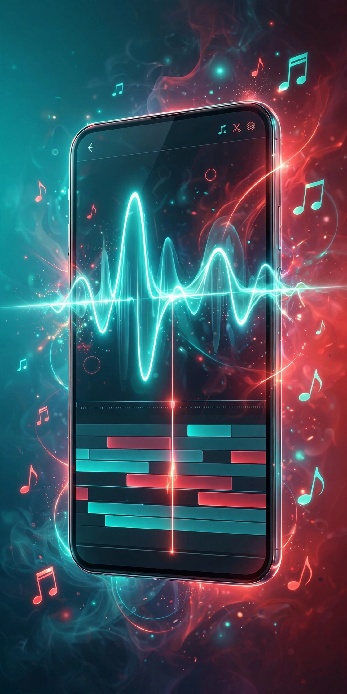 Phone timeline with audio waveform for music-synced video editing