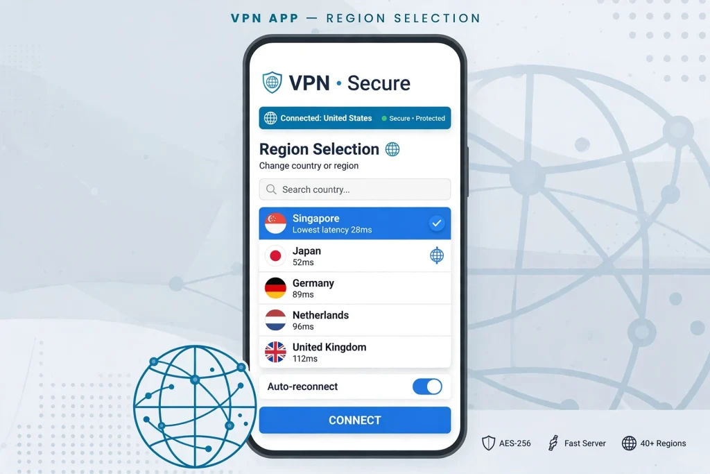 Changing region with VPN country selection on phone