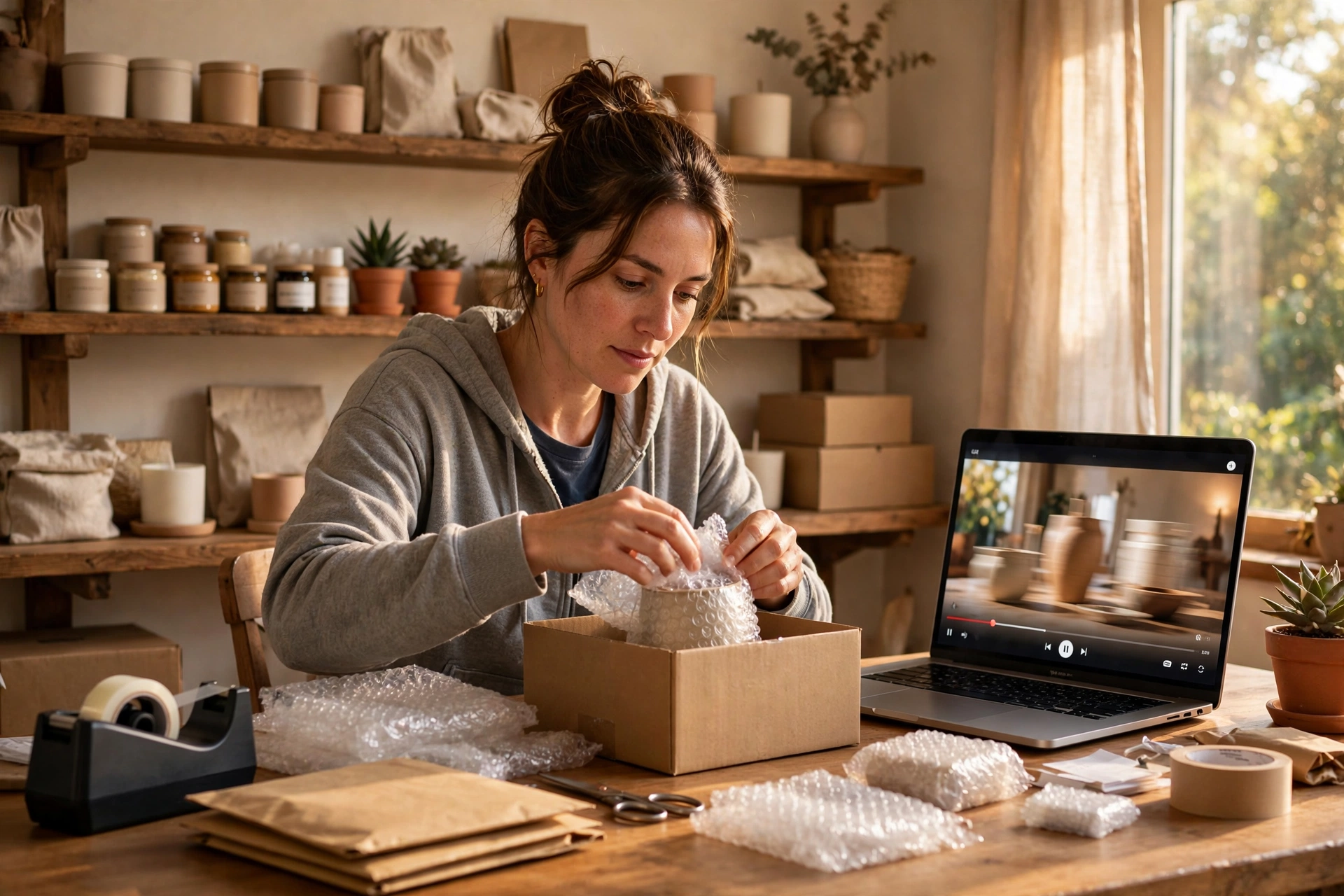 Small e-commerce business owner creating product ads with CapCut Commerce Pro