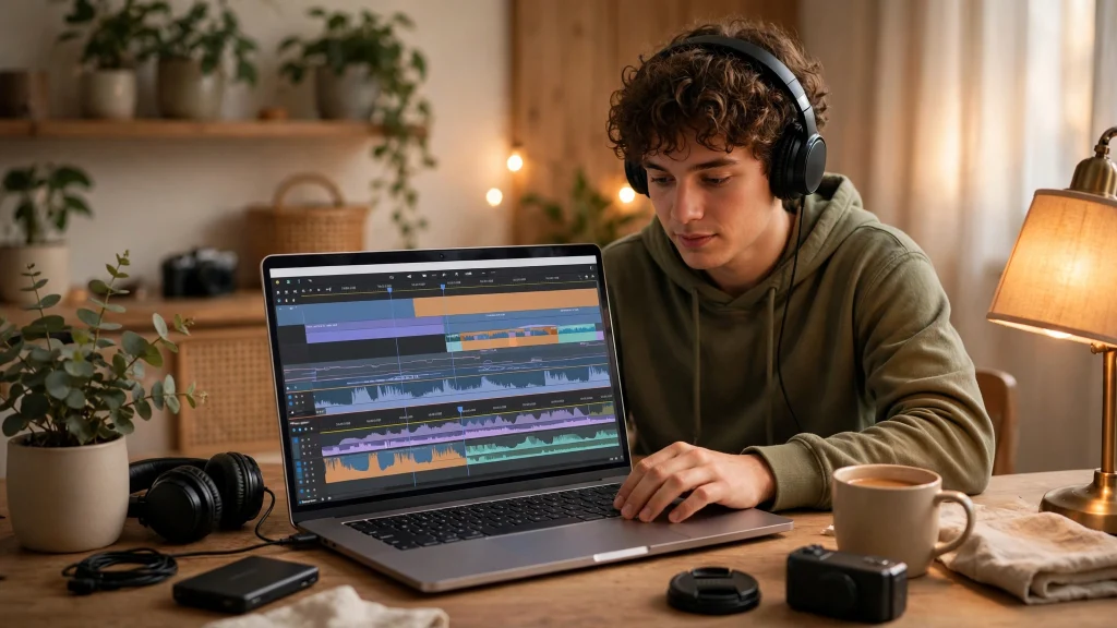 Video editor working on a laptop