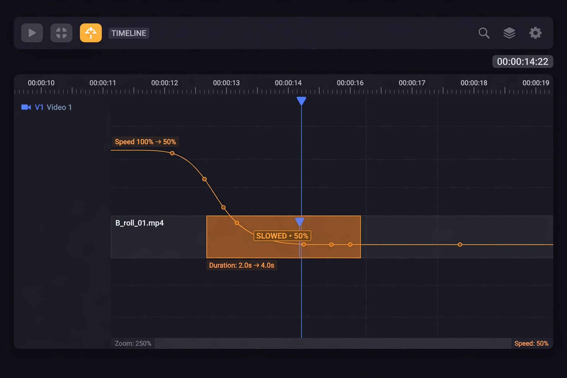 Slow motion clip highlighted on a video editing timeline
